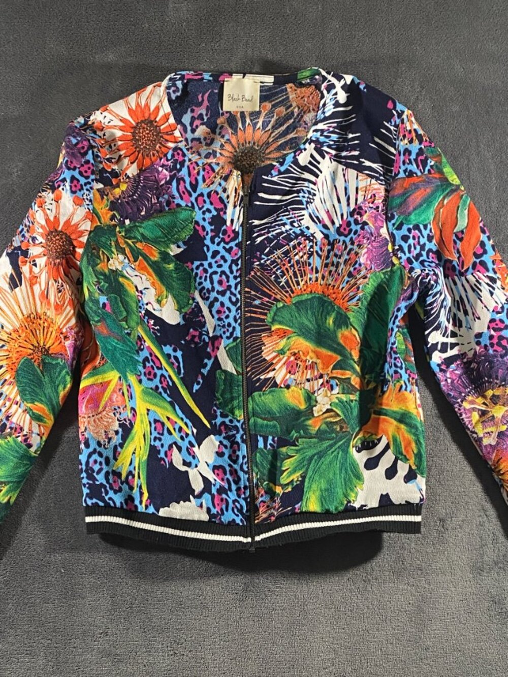 Black Bead USA Tropical Print Bomber Jacket - Women’s Small